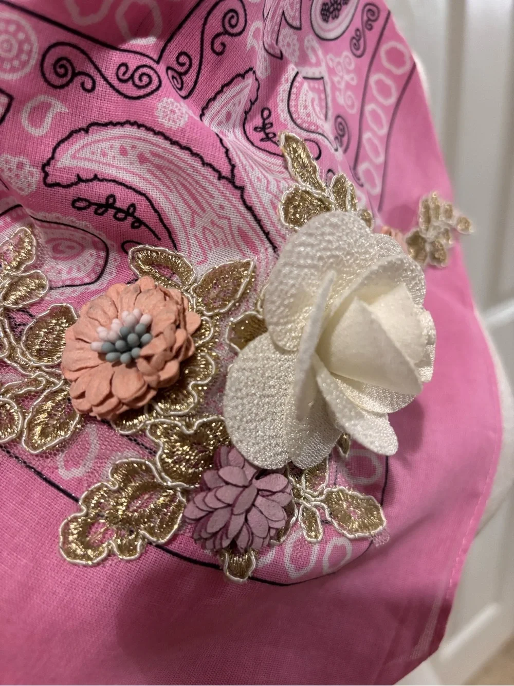 Aratta Pink Paisley Bandana Scarf with Floral Appliqué